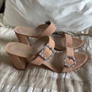 Stuart Weitzman Suede Heeled Sandals with pearl & crystal embellishment 11.5